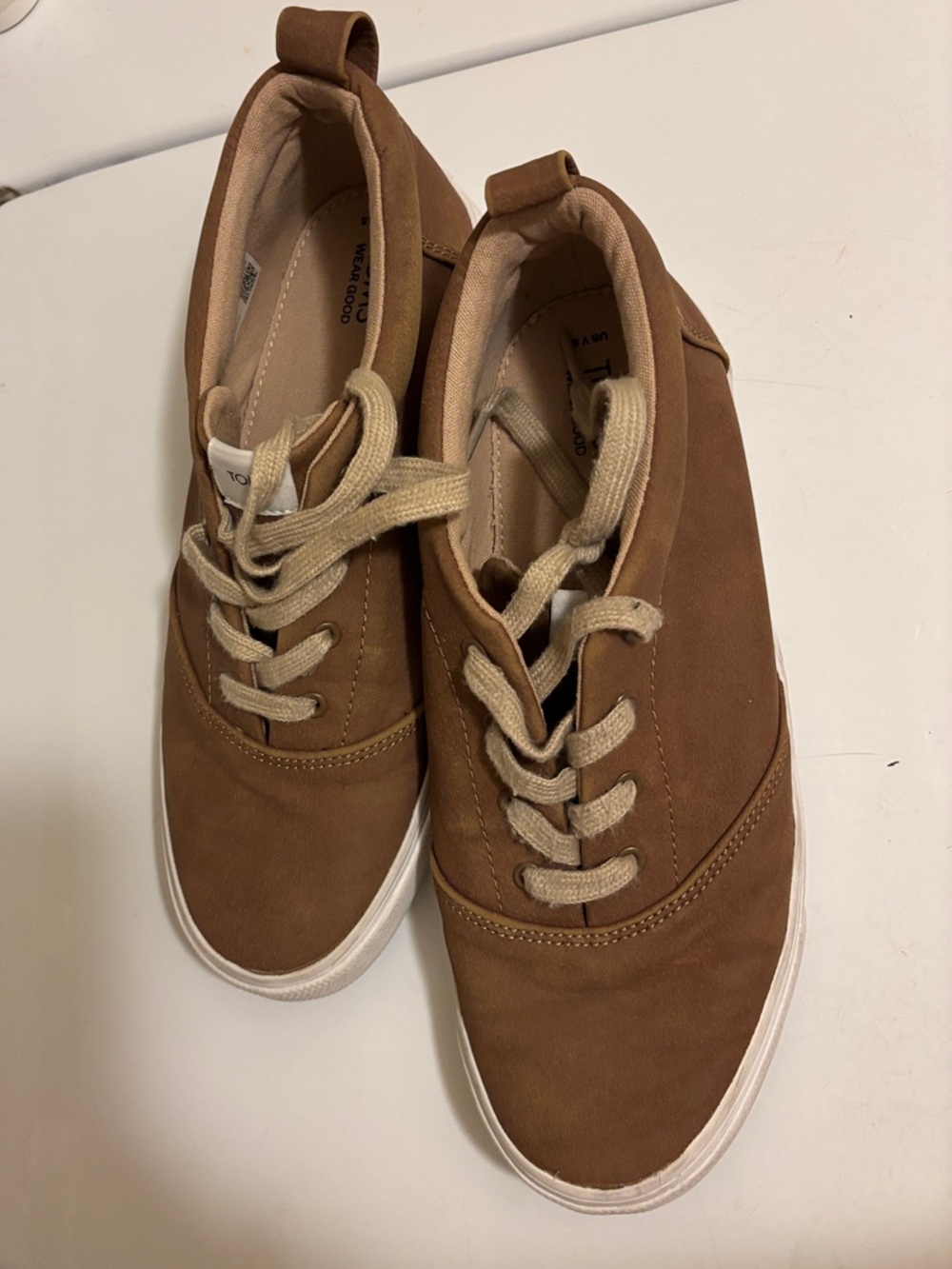 Toms Youth Brown Leather Sneakers with Cream Laces